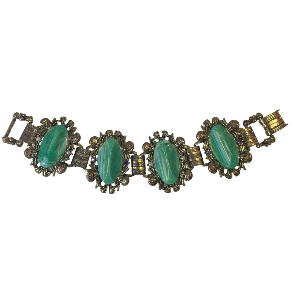 60s Gold Plate Green Cabs Rhinestones & Pearls Renaissance Cherub Link Bracelet
